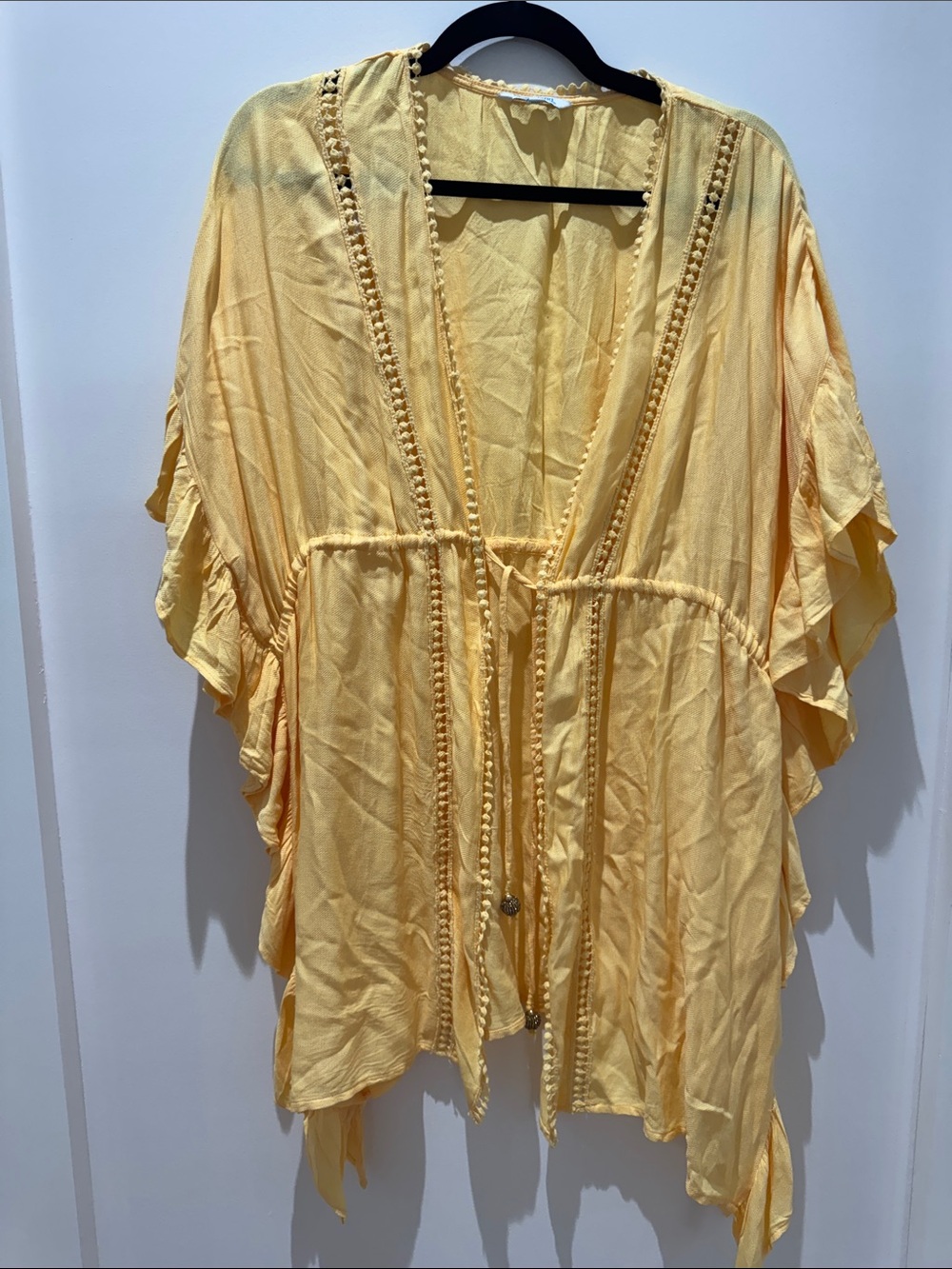 blue island Yellow Boho Kimono Tunic with Tassel Tie